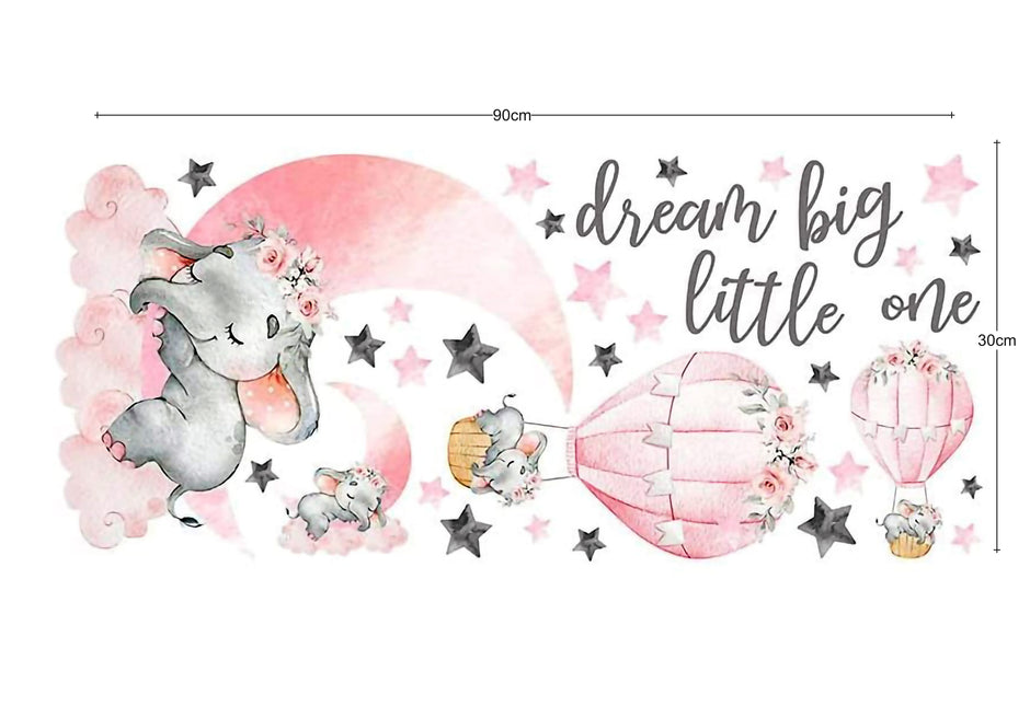 i-emporium 30X90cm | Dream Big Little One Elephant Wall Sticker Decal Pink Moon Hot Air Ball
