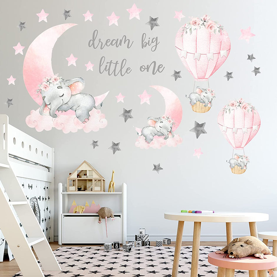 i-emporium 30X90cm | Dream Big Little One Elephant Wall Sticker Decal Pink Moon Hot Air Ball