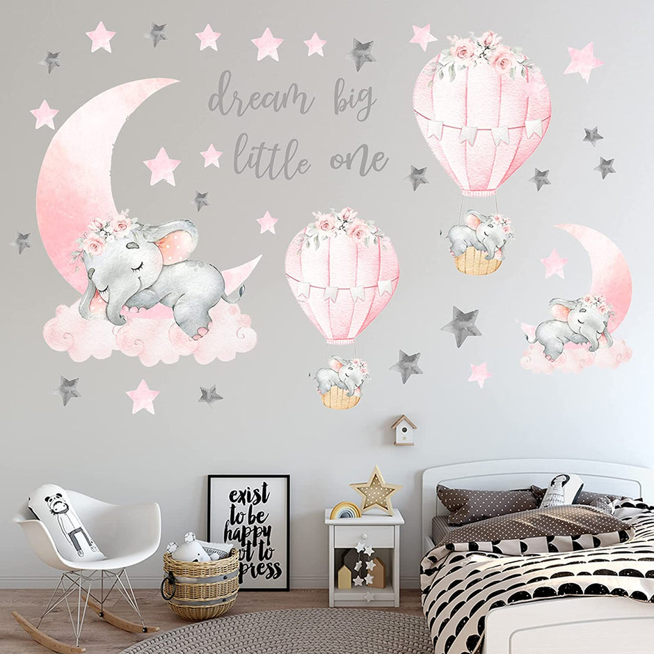 i-emporium 30X90cm | Dream Big Little One Elephant Wall Sticker Decal Pink Moon Hot Air Ball
