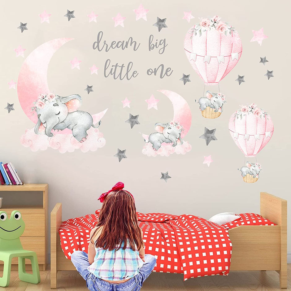 i-emporium 30X90cm | Dream Big Little One Elephant Wall Sticker Decal Pink Moon Hot Air Ball