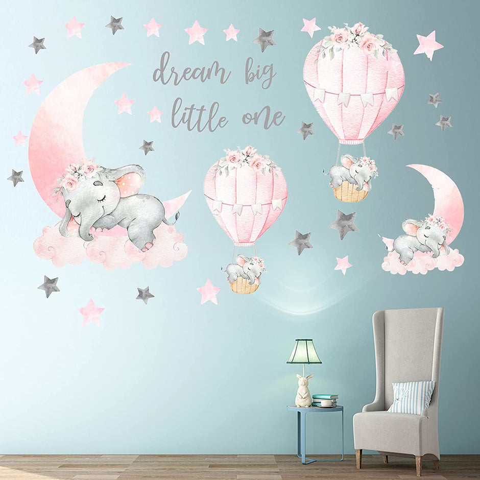 i-emporium 30X90cm | Dream Big Little One Elephant Wall Sticker Decal Pink Moon Hot Air Ball
