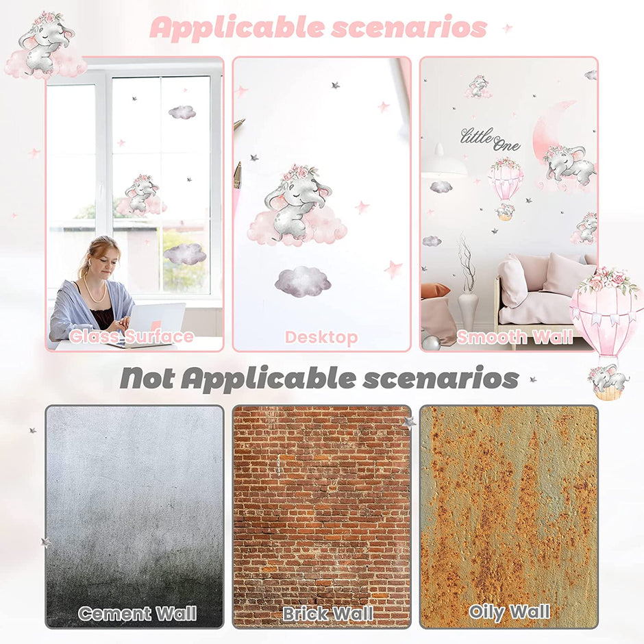 i-emporium 30X90cm | Dream Big Little One Elephant Wall Sticker Decal Pink Moon Hot Air Ball